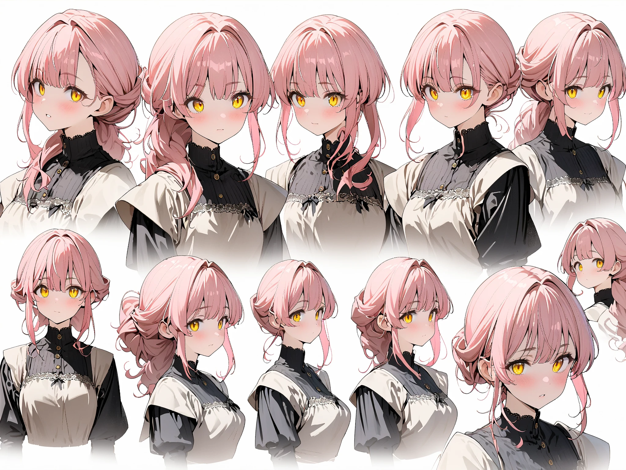 ((Masterpiece, Highest quality)), Detailed face, CharacterDesignSheet, full bodyesbian, Full of details, Multiple poses and expressions, Highly detailed, Depth, Many parts, pink hair beautiful girl, pink eyes, black clothes, scythe, non Asian