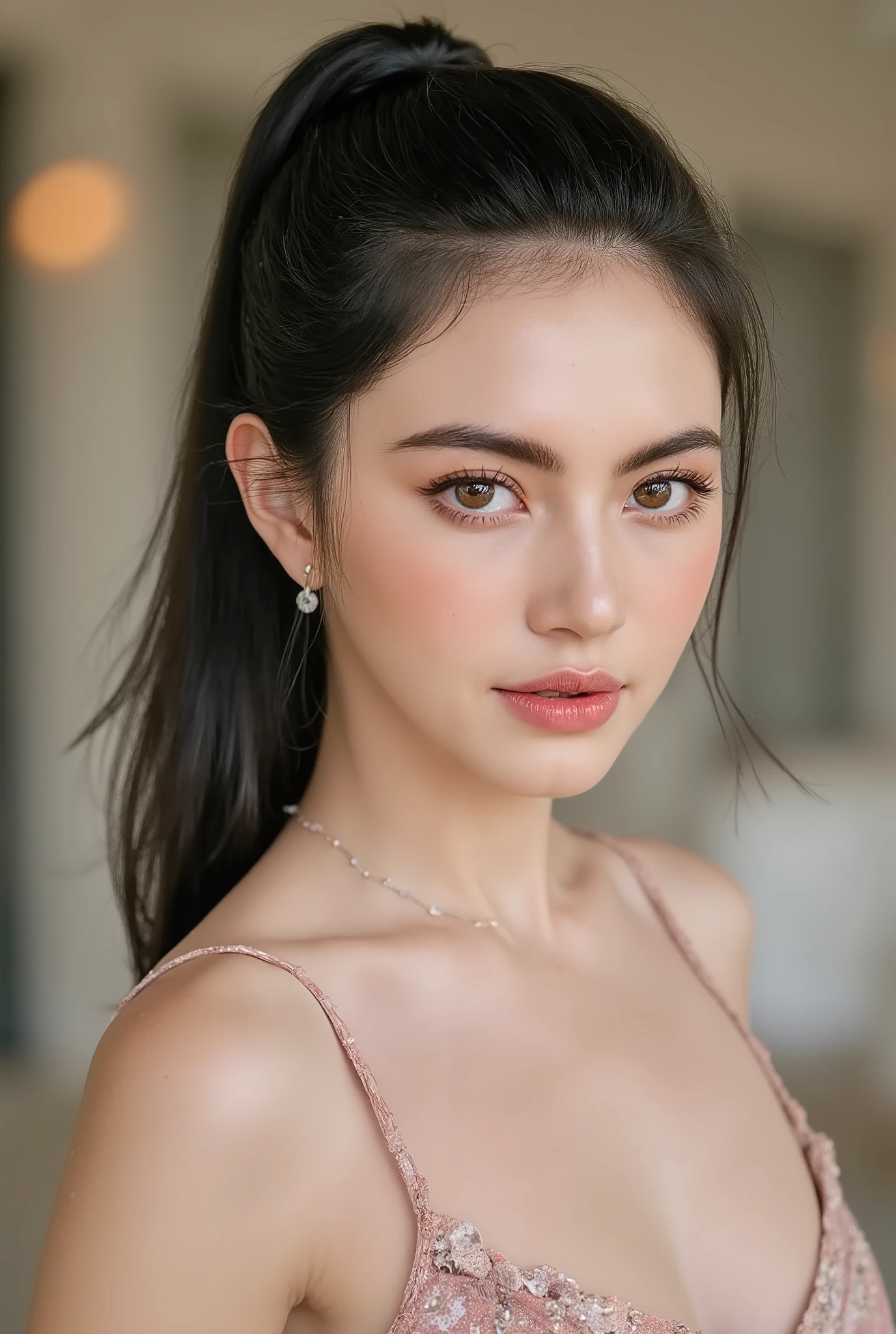 A professional photo, masterpiece. Mai Davika Hoorne, beautiful pale skin Russian woman, (((ponytail hair))), ultra detailed facial features, natural facial skin without make up, alluring facial expression, UHD, 16K, RAW, natural eyes, photorealistic, soft lighting, (((nude))), (((naked))), ((big breast)), tight cleavage, perky tits, ample chest, ((pink nipples)).