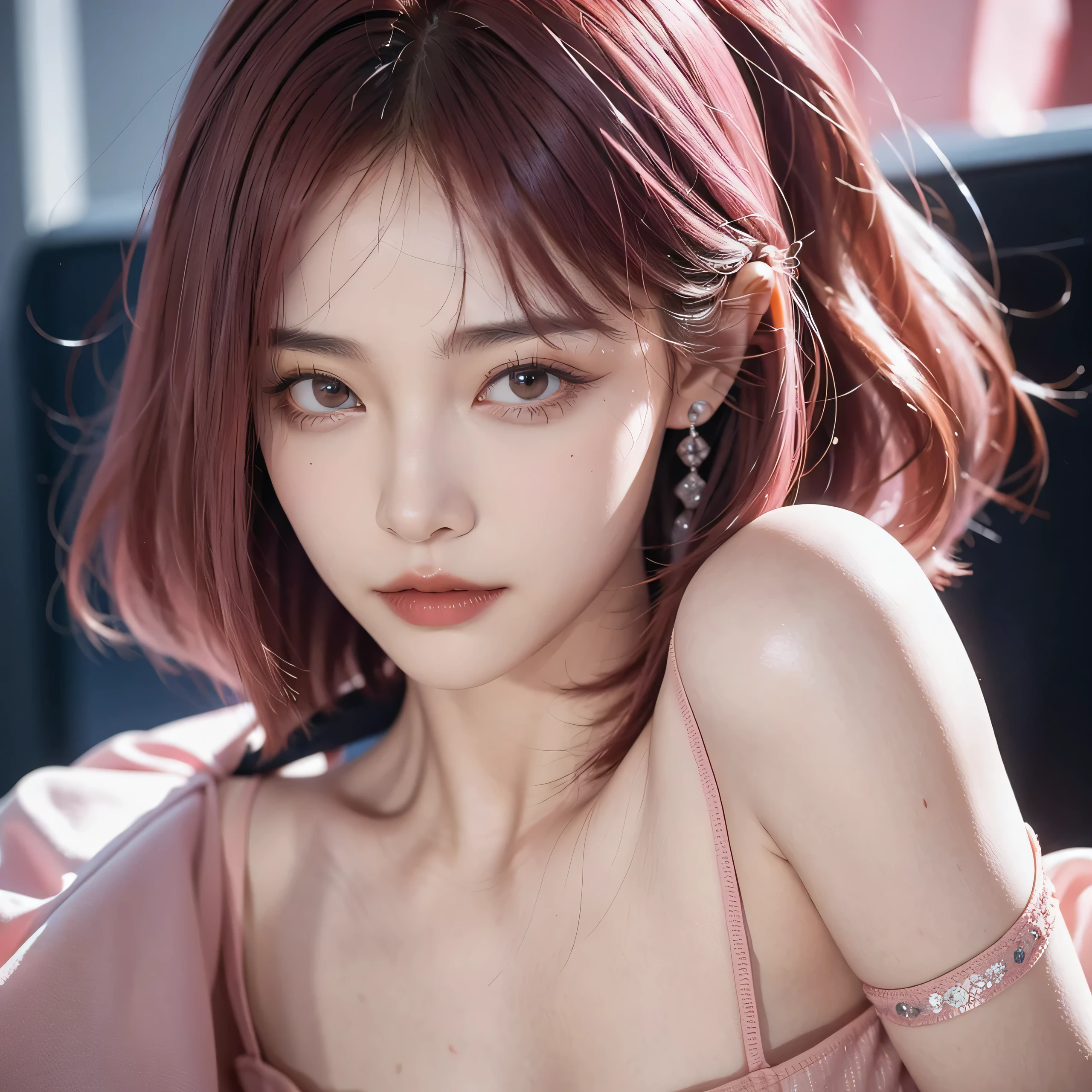 Make a image for novel,bangs hair, unique,celebrity,sexy,flat chest,2 womans,pink hair, close up photo, modern theme, Billionaire.