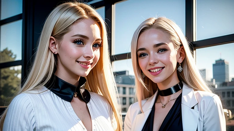 platinum blonde hairの若い白人美女2人、 Blue Eyes Shining Blue 、Two beautiful young and beautiful 18-year-old blond women stand apart、blue sky outside the window、gorgeous building exhibition hall、2 18-year-old businesswomen in shiny, bright business suits、operating a gold LED keyboard、The keyboard lights up、wearing a white blouse with a collar in an elegant business suit、2 blond half models with their collars closed up to the neck、young and beautiful white people in fully block business suits Two beautiful women laugh、wealthy young and beautiful 20-year-old white beauty in neat white shirts、wrap a gorgeous scarf around the collar、Funny and laughing 、smile、Two white beauties who take distance with both hands、遠い間合いで話すsmileの若い白人美女、2 18-year-old rookie office workers face each other and laugh apart,上品なsmile,、realistic textured skin、open arms、 gorgeous earrings、gorgeous necklace、 Blue Nail Polish 、 open your mouth and laugh、platinum blonde hair、  Blue Eyes Shining Blue 、Blue Eyes Are Moisturizing、 laugh happily、 big blue eyes 、16k,UHD,high quality、Business Ads、Advertisement Photography、real photo