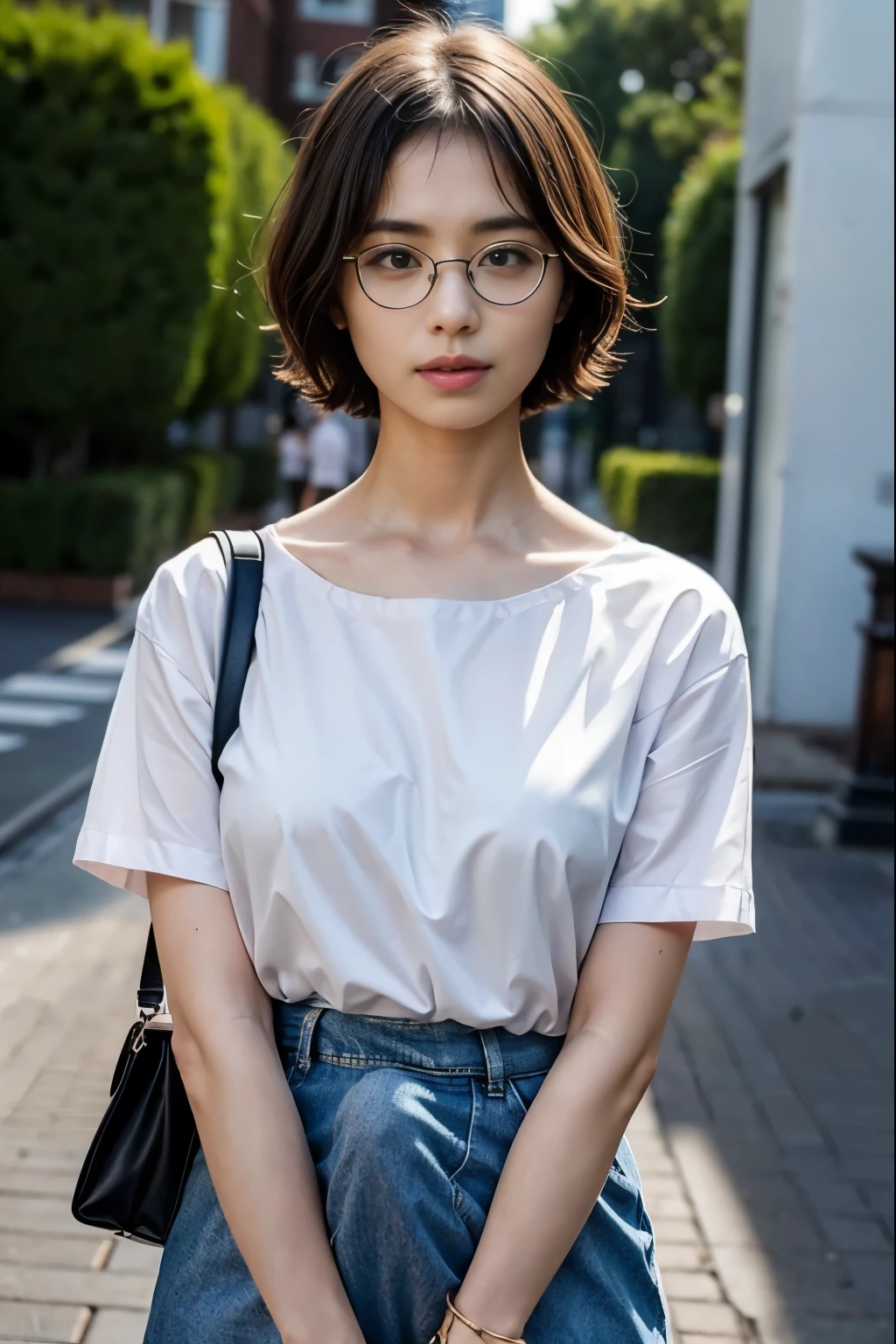 Upper Body, ((show off nipple)), main street, japanese lady, pale skin, droopy eyes, 20 year old, bowl cut hair, ((white loose t-shirt,lowrise skinny jeans)), ((standing)), high quality:1.3, shoot from below 2.0, Professional lighting:2.0 realistic:1.2, 4k resolution, detailed skin, masterpiece:1.1,smile,(Glasses),(no bra:1.3),(braless),(naval),