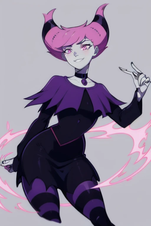 JinxTT, gray skin, solo, standing,1girl, mischievous smile, thin female, purple capelet, choker, completely nude, pussy, baggy sleeves, black detached sleeves, striped thighhighs, black platform boots