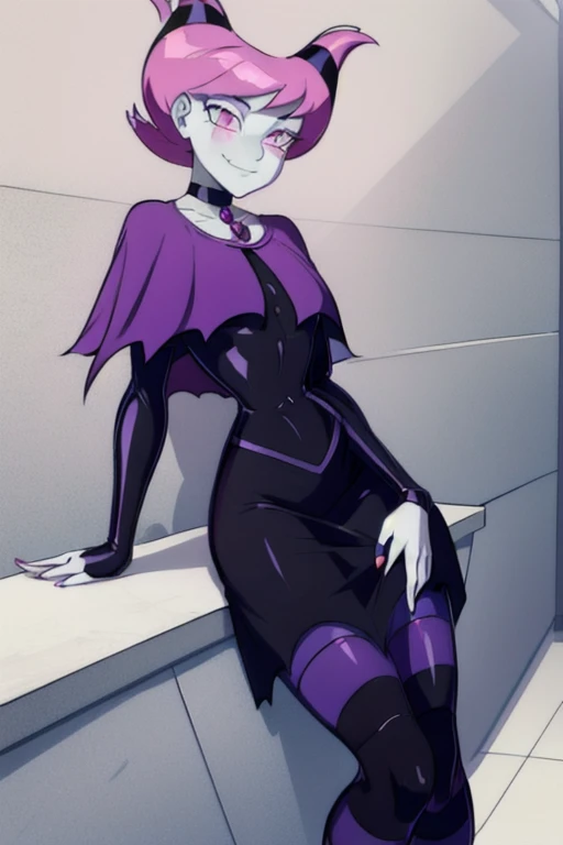 Jinx_Titans, 1girl, solo, pink eyes, pink hair, grey skin, hair up, pale skin, medium hair, hair horns, choker, striped pantyhose, capelet, black dress, jewelry, smile, cape, cloak, room leaning back, posing,
