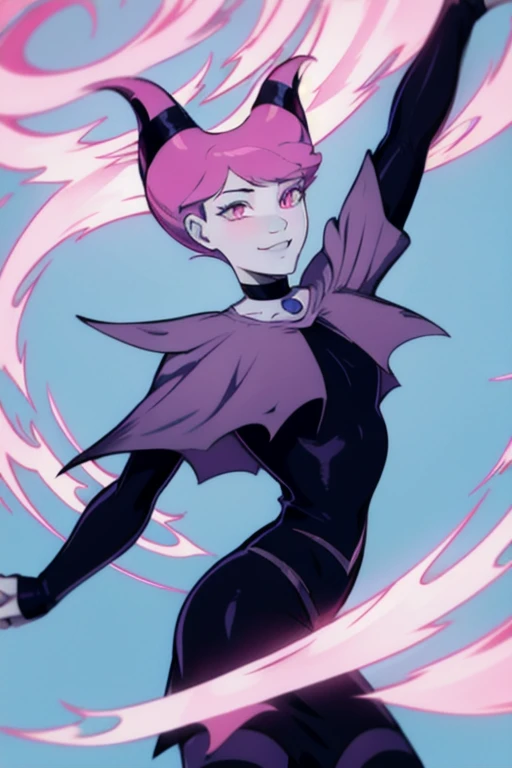 Jinx_Titans, 1girl, solo, pink eyes, pink hair, grey skin, hair up, pale skin, medium hair, hair horns, choker, striped pantyhose, capelet, black dress, jewelry, smile, cape, cloak, room leaning back, posing,