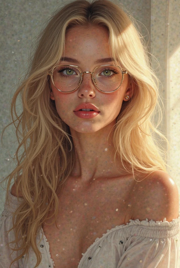 Rear view of 1 Russian Woman, legitimate albino, extremely thin and beautiful, perfect body, round ass, thin waist, wide hips, (well-shaped and delicate face with (freckles)), skin with highly detailed depth, is leaning against a brick wall, (hair over eyes, long, slightly messy and shiny, wavy blonde hair), (detailed, big bright eyes, light green eyes, curled eyelashes, big glasses), (sensual pout with mouth), wearing a short sweater showing the shoulders, (she is sweaty (shining with sweat)), ultra-realistic image, perfect symmetry, vibrant and sharp, dynamic vision, high quality, hyper-realistic and cinematic 64K.