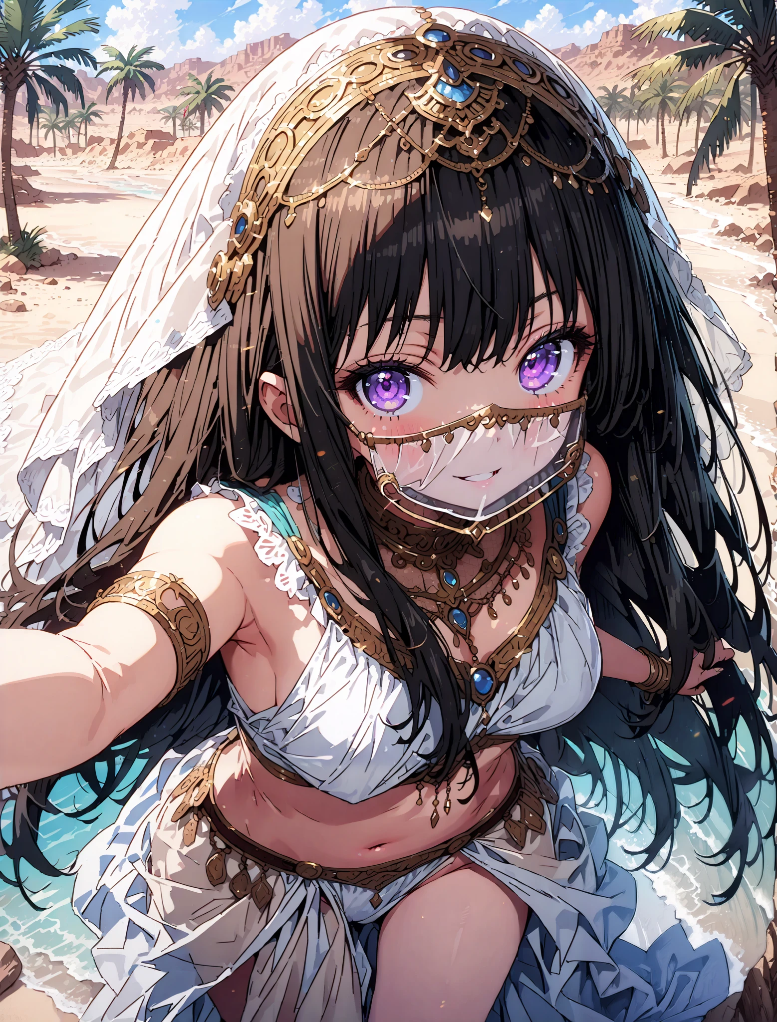 score_9, score_8_up, score_7_up, source_anime,
Takiuchikami, check it out, long hair, bungs, black hair, purple eyes,smile,blush,Arabian clothing, dancer , mouth Veil, belly Dancing, Veil, Armlet,is standing,Bare legs,palm tree, water, Dancing,full bodyがillustration for both eyesに入るように, break looking at viewer,full body,
break outdoors, desert, oasis,
break (masterpiece:1.2), top quality, High Resolution, Unity 8K Wallpaper , (illustration for both eyes:0.8), (beautiful detailed eyes:1.6), has a very detailed face, perfect lighting, extremely detailed CG, full body写真,(perfect hand, perfect anatomy),