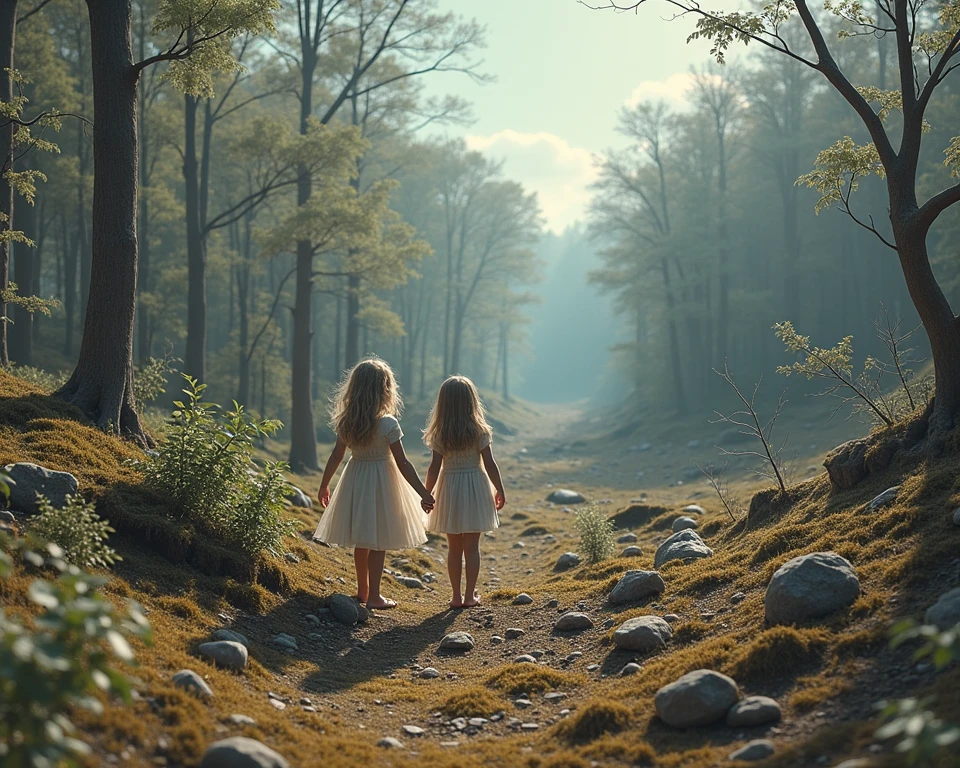 Create a picture of four girls going on an adventure in the forest. One is 10 years old, one is 5 years old, and a pair of twins are 9 years old. The background is the forest and there is sunlight. You can see their expressions. --auto --s2