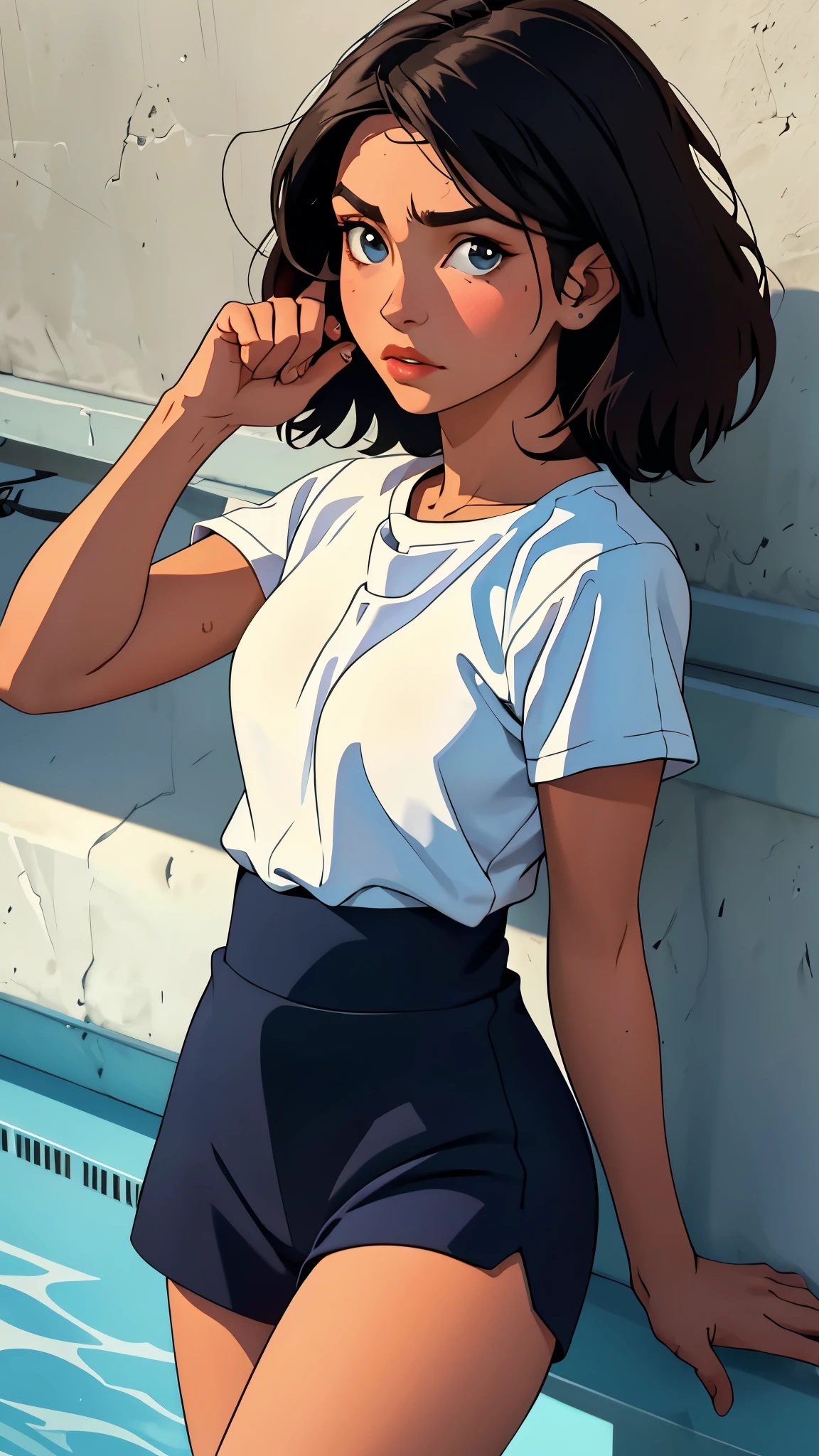 girl, sweat, medium breast, shy, detailed hand, looking at viewer, lips apart, dynamic shadows