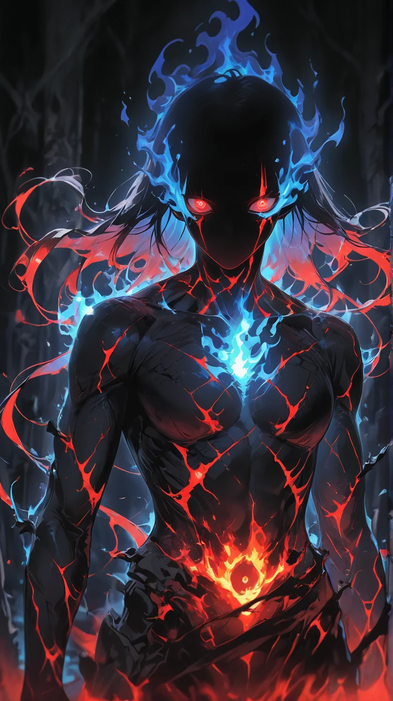8k, complex, elegant, highly detailed, majestic, digital photography, surrealist painting, beating magic, winding flame, (masterpiece, side light, fine beautiful eyes: 1.2), HDR, (glowing red eyes)), naked upper body, (glowing tattoo), handsome boy, black hair, muscles, blue skin, demon horn, raining, handsome, facing the camera, masterpiece