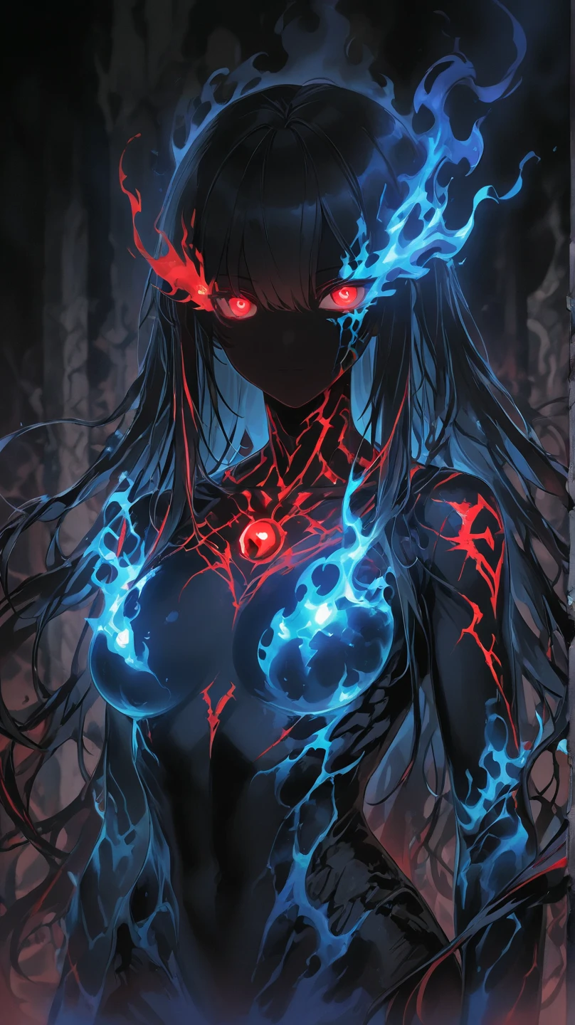 loneliness, concept character, dark girl, gloomy, monster girl, (dark black skin), steel skin, empty eyes, empty eye sockets, abyssal eyes, indifference and unbrokenness look, black wire long hair, long tubular wires as hair, sharp clothing, short clothes, minimum clothing, less clothing, open belly, glossy skin, many open skin, beautiful body shape, arms raised up, hands raised up, hold on to the concrete wall, dark endless concrete labyrinth, lots of mechanized spiders around, glowing red spider eyes, gloomy atmosphere, dystopian, highly detailed, cold lighting, black sky, highly detailed face