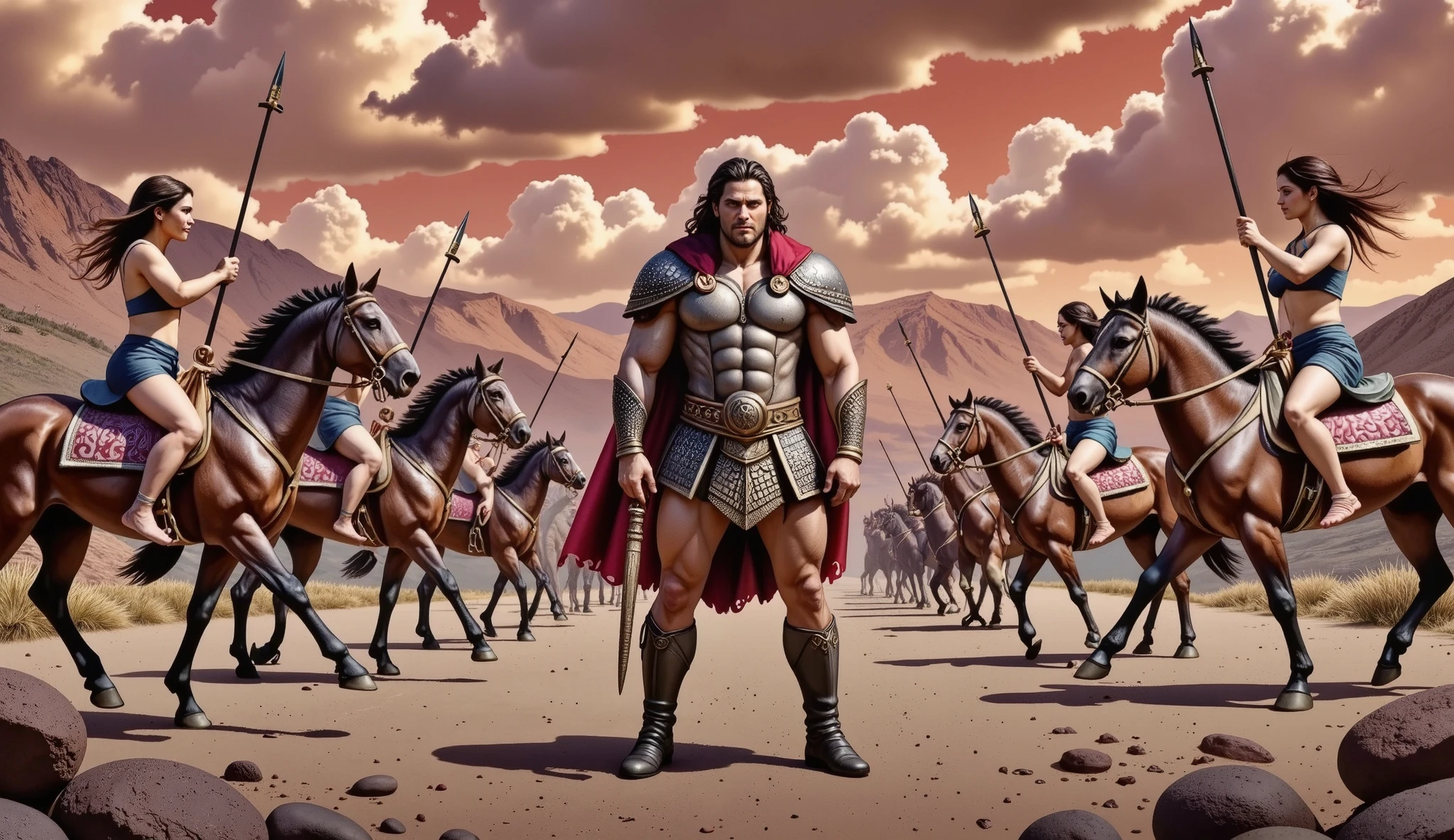 Hercules standing on the ground, surrounded by Amazon warriors on horseback wielding spears.