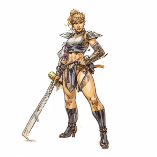 (highest quality:1.2),(perfect beautiful face 1.2),(perfect and beautiful posture:1.2),(female barbarian:1.2),blonde ponytail,clear eyes,She wears beautiful black armor with a red dot., thick muscles