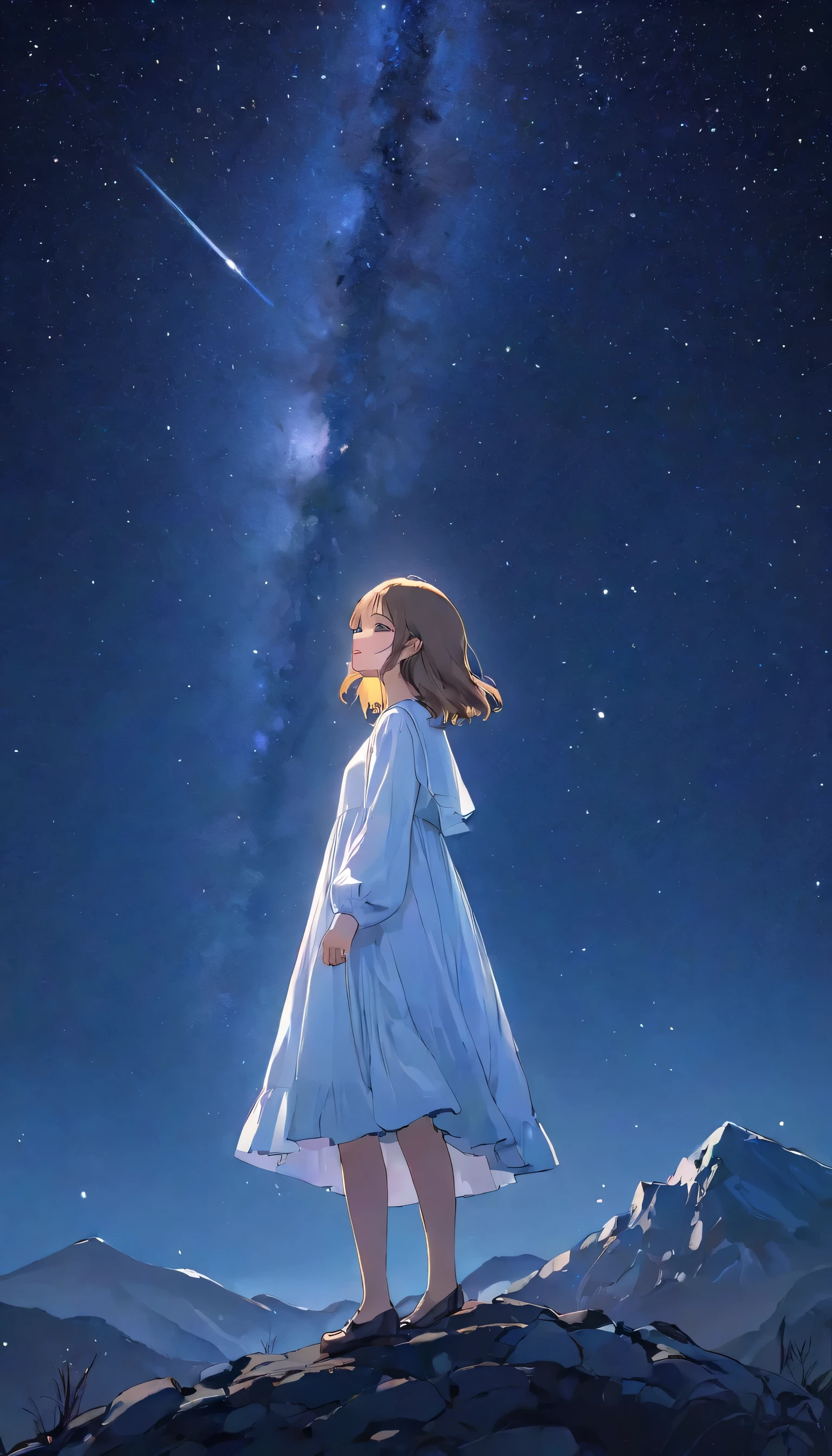 look up_Away、night、Respect:1.5、night空、milky way、Countless Stars々、one person's、8 heads、White dress with long sleeves、Box Dress、In the mountains、Dim lighting、Dark darkness