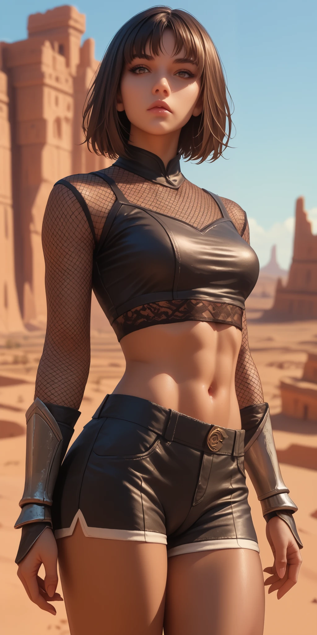masterpiece, best quality, amazing quality, very beautiful, Absurd, latest, scenery, anatomically correct, 16k, UHD, accurate, expressive, anime screenshots, {{1girl solo}}, illustration, masterpiece, ultra-detailed, {{detailed shading, detailed skin}}, {{realistic skin}}, BREAK, detailxl, cropped hair, brown hair, athletic build, young , tanned skin, hips and thighs focus, fierce stare, short skirt, gauntlets, desert palace background, black fishnet, shorts, one hand on her hip, cameltoe, bratty ager, crop top,