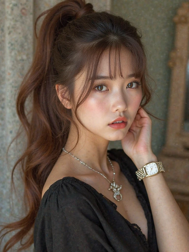 a beautiful young girl with large, expressive eyes, delicate facial features, and fluffy chestnut hair posing confidently while wearing a Spy x Family Yol Forger costume, the image captured as a high-quality, realistic SLR photograph with exceptional detail, vivid colors, and perfect balance, showcasing the girl's striking beauty and the intricate costume design, the lighting and composition drawing the viewer's attention to the subject's captivating gaze.