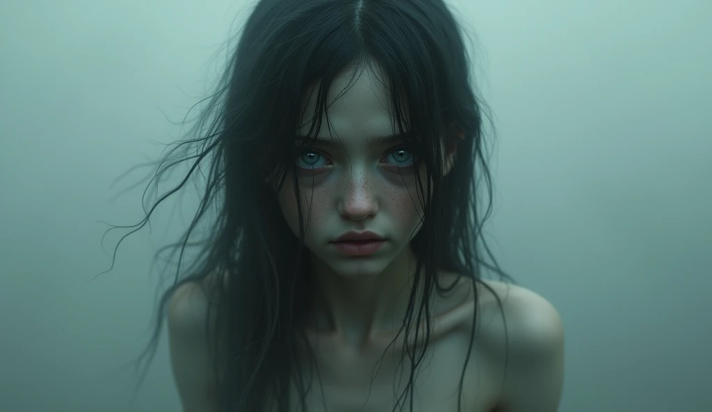 Depressed girl、Long black hair、Small Nose、Skinny body、Glowing white eyes、Thin lips、Inpatients、Upper Body、Close-up、Real、Climbing out of a decaying well