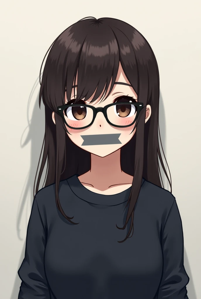 1 girl, short black hair, wearing glasses, improvised gag, tape gag, gagged, duct tape, tape bondage, bound arms, blush, rope tied up, ((((Super Illustration Style:1.0)))), highest quality, Best Anime, masterpiece, wrapgag, white shirt, gray skirt