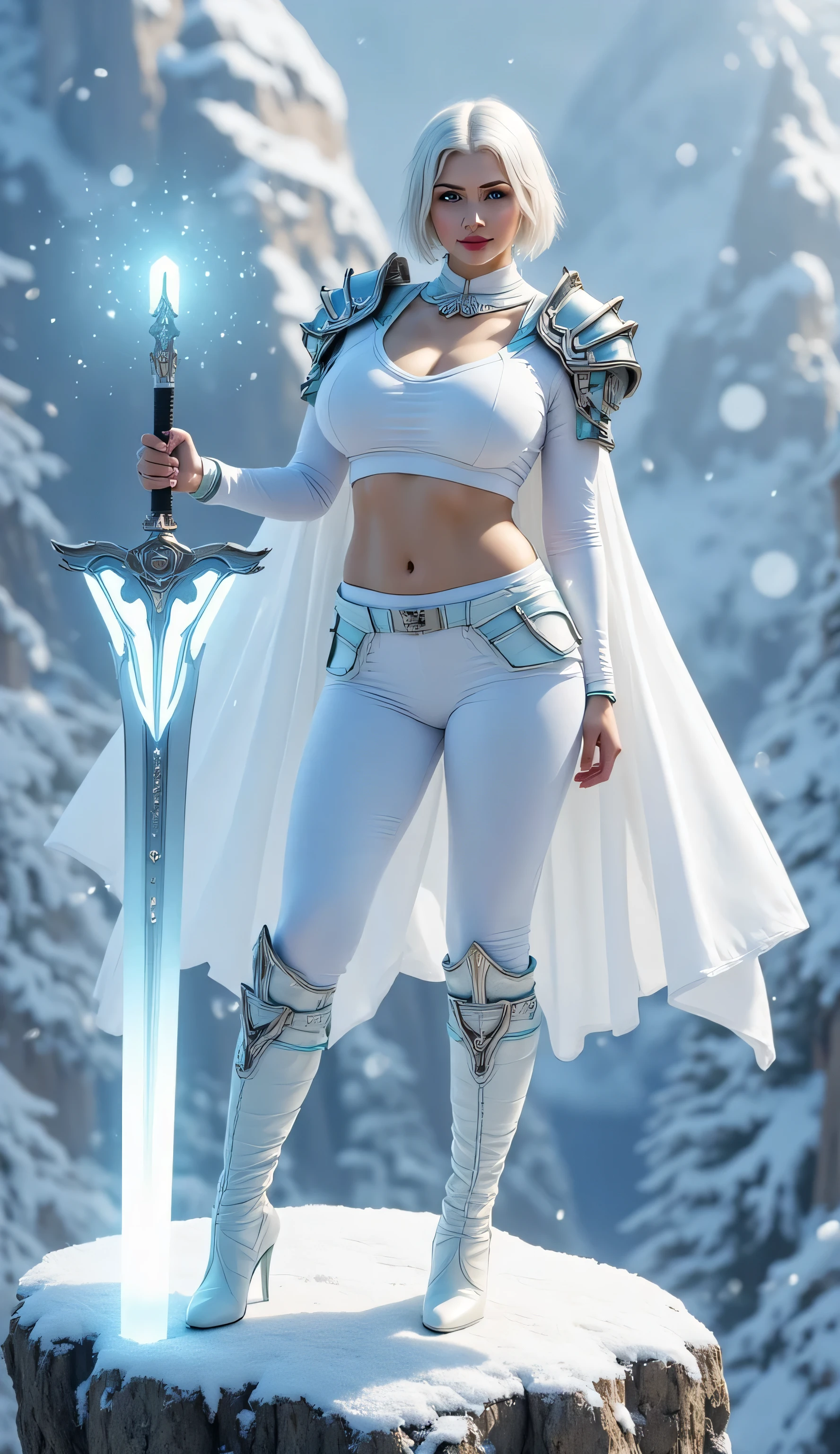 frost queen, ((best quality, masterpiece, score_9, score_8_up, fluxbodybuilder, boring, Real-Faceji)), ((((a silver white sword that glows with a white frost snowflake aura)))) is held by a beautiful 19year young female buxom Russian warrior, albino pale skin, short shaggy bob white hair with slight blue highlights, she's wearing white yoga pants, white silk sash with iceblue piping, crystal high-heel boots with elegant blue silk straps, iceblue white leather armor breastplate, one chrome metal armor sleeve and shoulder armor pauldron, bright red lips, blue eyes, she stands on a piece of rock at the edge of a precipice, snow, snowing, background bokeh snowy mountain peaks