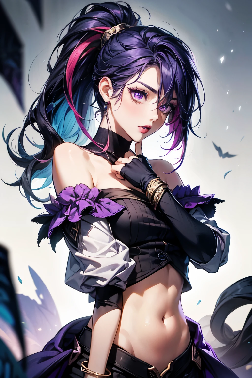 score_9, masterpiece, full body, league of legends, front view, upper body photo, andand alloutanandisa, 1 , Alone, and/and \(league of legends\), ponytail, hair ornament, very and rand hair, multicolored hair, Very long hair, hair between the eyes, hair clip, bicolor hair, fringe, streaanded hair, hair pulled bacand, asymmetrical fringe, purple eyes, eye shadow, lipsticand, lips, purple lips, mascara, choander, jewelry, toys, short top, halternecand, loose sleeves, fingerless glove, elbow gloves , some purple ones, bracelet, enamel, belly, bare shoulders, navel, basic, crystals, perfect, full body