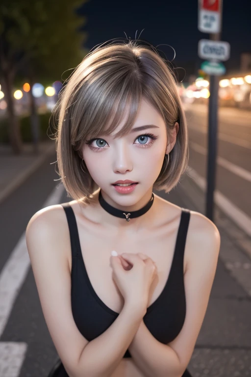 ((Highest quality、8k、masterpiece:1.3))、Sharpness:1.2、Perfect Body Beauty:1.4、Slim Abs:1.2、((Short Hairstyles、Grey Hair、Big Breasts:1.2))、(bikini:1.1)、(Neon city at night:1.2)、rain:1.5、Highly detailed face and skin texture、Microparticles、double eyelid、Shining Eyes、Watery eyes、Looking into the camera、、Sexy pose