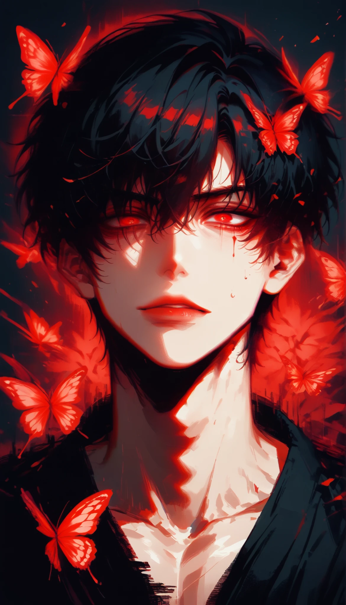(score_9, score_8_ up), score_7_ dark atmosphere, Adult male, black hair, fluent language , one boy , red eyes, No Emotion , male concentrated, concentrated, Chest, flameout , reality , Bust , sexy boy , bangs over eyes、Downcast eyes、Thin eyebrows, short hair, ((red butterflies, red eyes in black shadows all over the place))