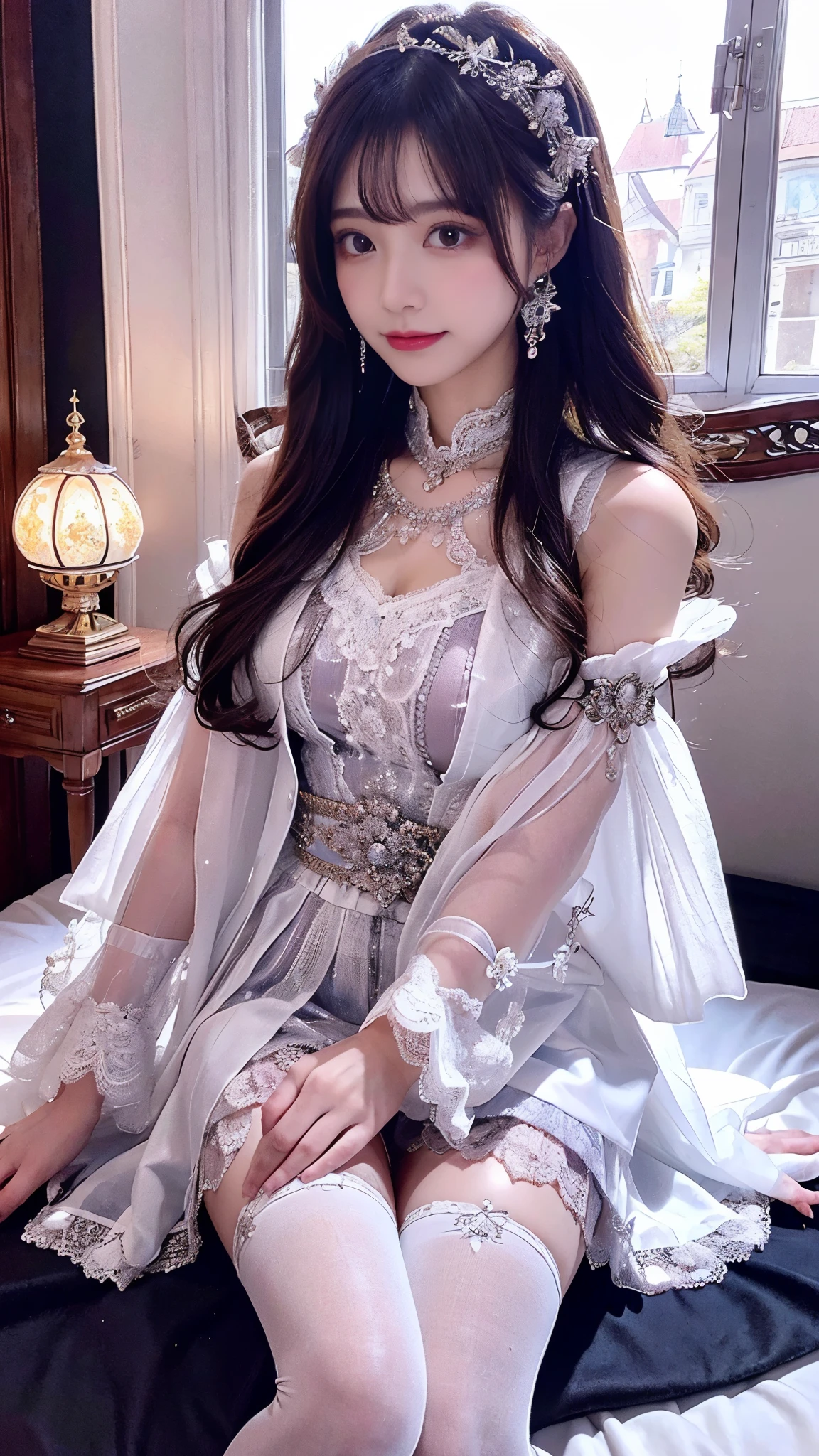 (Best Quality,4K, 8,000,high resolution, masterpiece:1.2), extremely detailed,Mature Woman,,magic,enchanting,joy, Holy Goddess ,magical effect, Transparent Dress ,Beautiful decoration,Features of the magical costumes of the heavens,White cloth,exquisite clothing, layered skirt ,lace,Delicate lace, Delicate ruffles ,bedroom,alone,At night, lace pantyhose ,神圣条纹, transparent, Jewelry Decoration