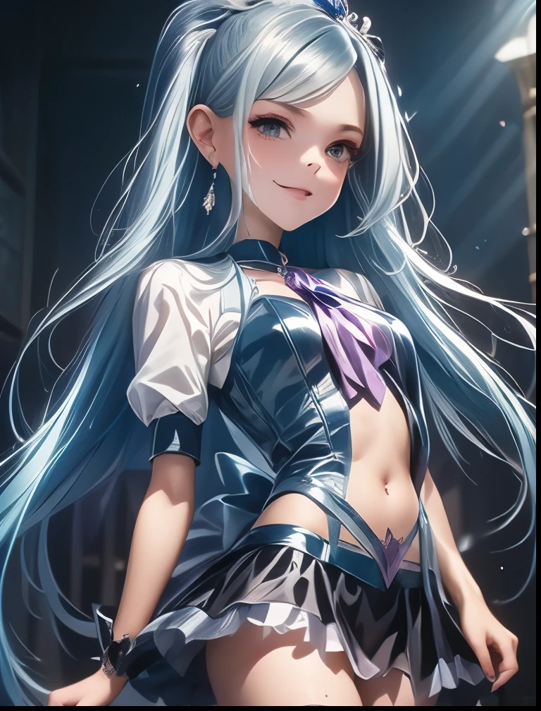 (((SFW、Highest quality、 first class masterpiece 、 normal body of a real person 、8k、 detailed face 、super precise、 real color 、5refer to、Highest)))、Pretty Cure、Blue and silver hair、Magical Girl、pretty girl、 Navel Exposure 、Big Breasts、slender、 slim、high leg white slingshot、Panchira super miniskirt、Open Legs Embarrassing Pose、 Open Legs Sexy Pose、Fall into Darkness、heart on navel dirty tattoo、heart on chest dirty tattoo、Heart tattoo on body、dark light、evil magic particle、hypnotic state、Hypnotic、Eyes that shine in a heart pattern、hollow eyes、Chain Lead Slave Iron Collar、Female slave、Brain washing is complete、kind smile、Calm expression、ChainBondage、bow down、Trembling violently and panting