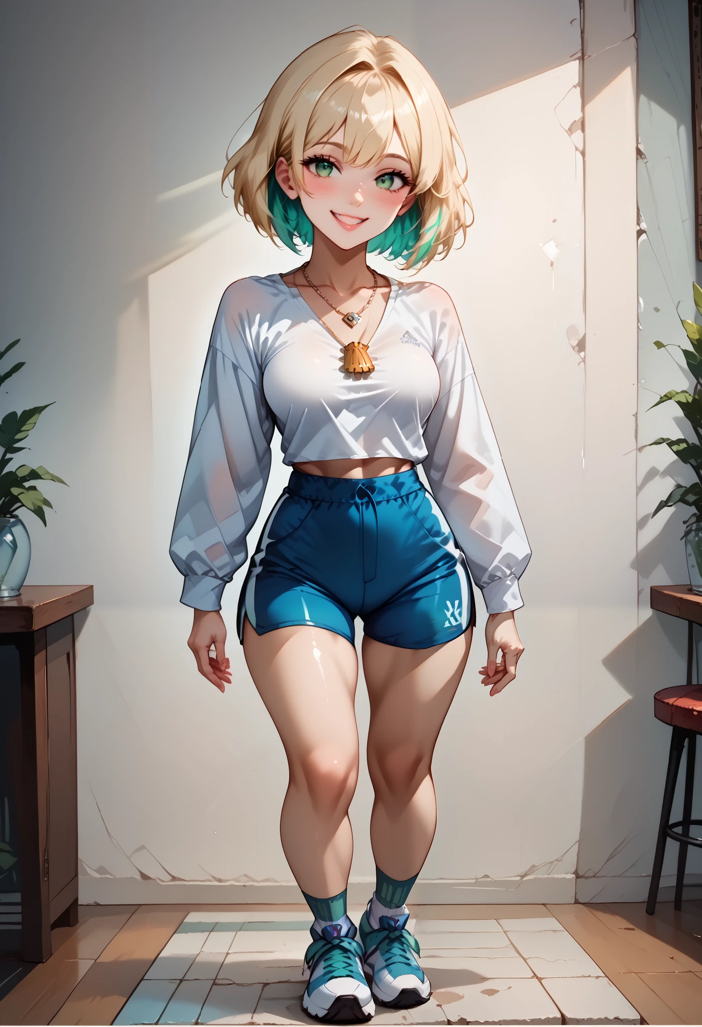 (((Best Quality, 8K, Masterpiece: 1.3)), Full Body, Focus Clear: 1.2, Outstanding Beauty: 1.4, Slender Abs: 1.2)), ((dynamic angle)), (((wide view))), wide-angle lens, extremely detailed, CG, 8k Amazing, finely detail)), (intricate details, depth of field), 8k UHD, ((amazing quality,very aesthetic,absurdres,best quality,newest, masterpiece, ultra detailed, best quality, beautiful face, perfect anatomy, anatomically correct, athletic sexy body)), Expressiveh, (cute face, cute body))), ((((((jackiel, blonde hair, 1girl, green eyes, solo, multicolored hair, short hair, shirt, shell necklace, bangs, long sleeves, blue shorts, tight shorts, highleg thong, smile, socks,sneakers))))),((medium breasts, slim sexy body, curvy hips, seductive pose, flirting, naughty face, blush)))), (((looking at viewer, happy smile, joy, cowboy shot, dynamic pose)))), curvy, toned, athletic, ((side-view:1.3)), ((wide hips, upper shot body, ((crossed legs:1.2)), looking at viewer)), ((((seductive pose, sexy pose, cowboy pose, hourglass figure)))), ((precise face and eyes:1)), (( masterpiece, back view, anime screencap, hourglass body,wide hips, narrow waist, thick legs, standing, bend over, spreding legs, hand on own hip, looking at viewer, masterpiece,best quality,amazing quality)))