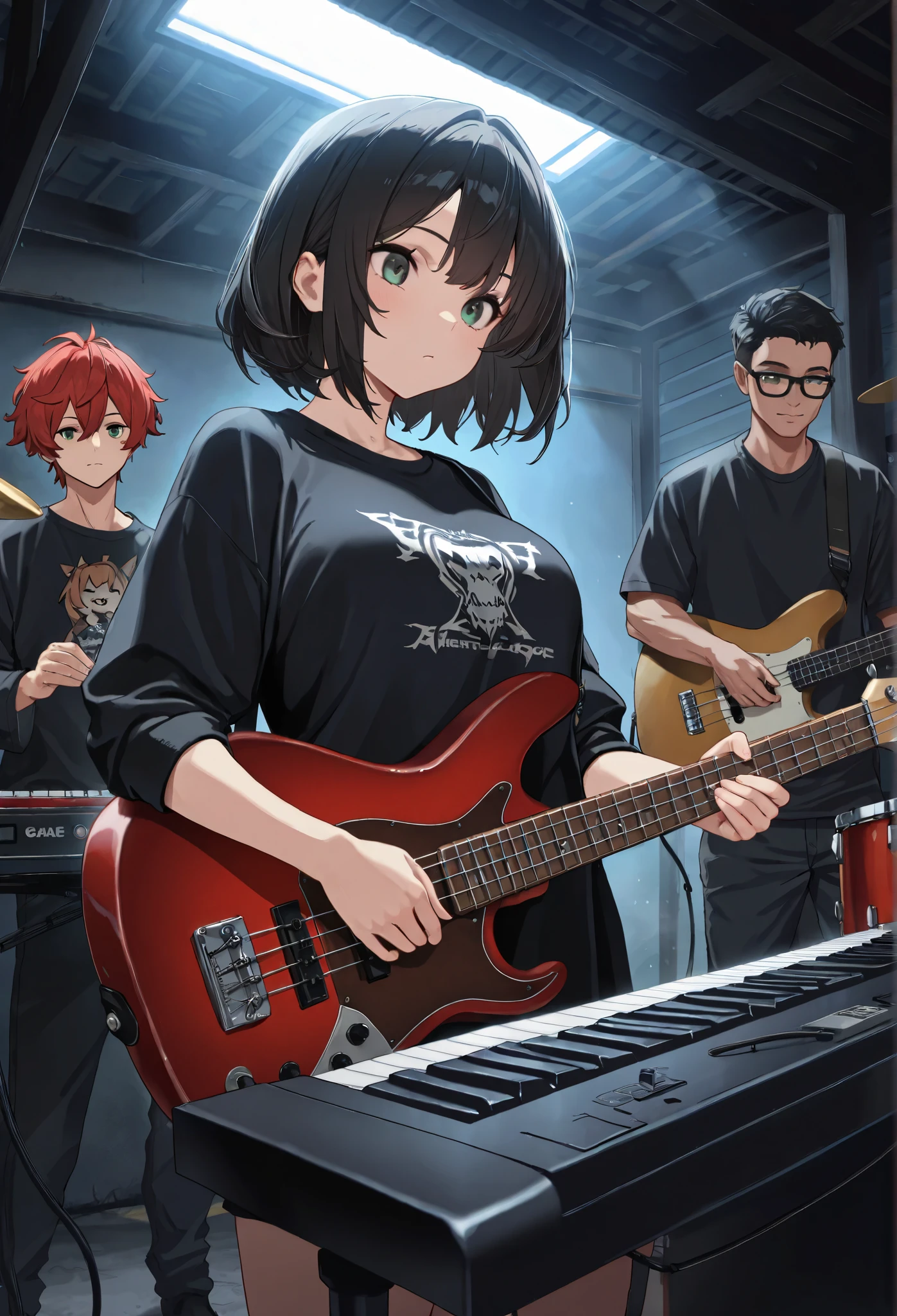 masterpiece, safe, ( highres icon, high resolution, 8k, highest quality, best quality, masterpiece, extremely detailed ), moonlight, Two boys and two girl hanging in a garage. Boy with lenses with a bass, Latina Brunette girl with guitar, red-haired man on the keyboard , black hair girl with green eyes on drums.