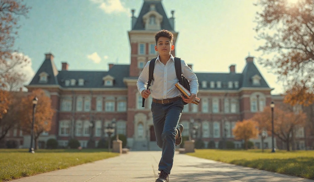 male student wearing a long-sleeved shirt, hands at the sides, black tie, Gray pants, black shoes and standing in a schoolyard in hd, looking to the side with a big smile, pointing to the right