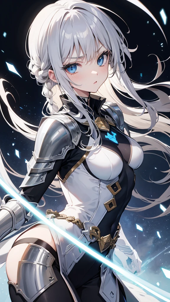 ((masterpiece, Best Quality)), ((hight resolution)), (photos realistic), Best Shadow, high detailing, Very detailed, (nice hand, Perfect hands), (Face Focus:1.2), ((1 girl)), Beautiful Girl, 25 years old, (silver long Hair:1.5), (normal breasts:1.3), (view from front), (Very slender:1.3), (Cute face:1.3), (look at viewer:1.4), detailed facial features,droopy eyes, Crisp focus, perfect beautiful body and face, Perfectly focused, Long bangs, (in the castle:1.4), (enchanting smile:1.5), ((fantasy)), (blue eyes), ((silver armor:1.5)), standing, ((magic wand:1.3)), crescent moon, (magic circle:1.3), ice, snow, aurora, winter