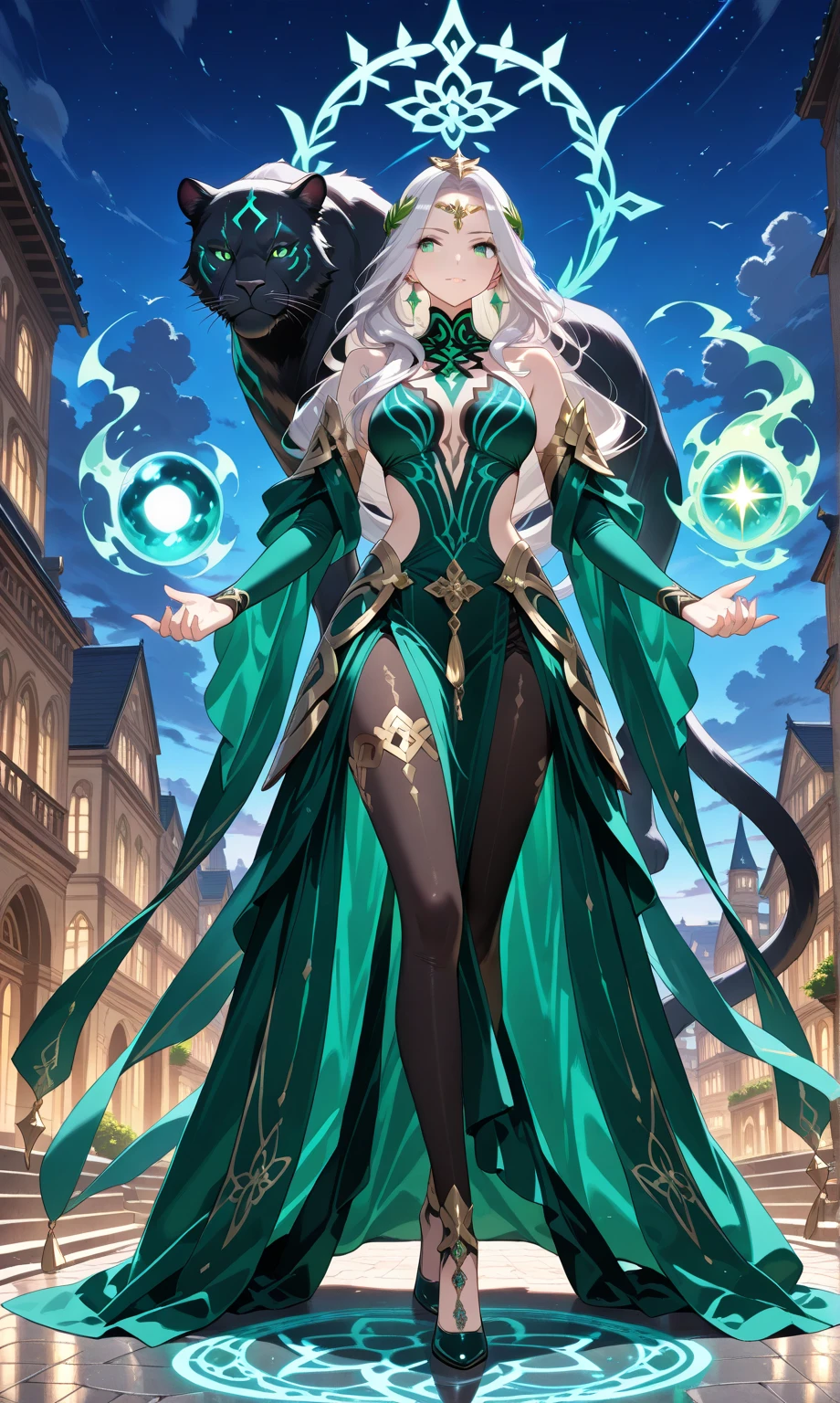 Anime Art、Full body portrait、The dark green dancer of space science fiction、A woman around 185cm tall, around 25 years old, wearing a dark green robe that reveals her chest, is emitting lightning from her hands.、Condescending smile、Hair is semi-long、Platinum Blonde Hair、Thigh-high boots、Golden Bangles、Light blue eyes、surrounded by lightning