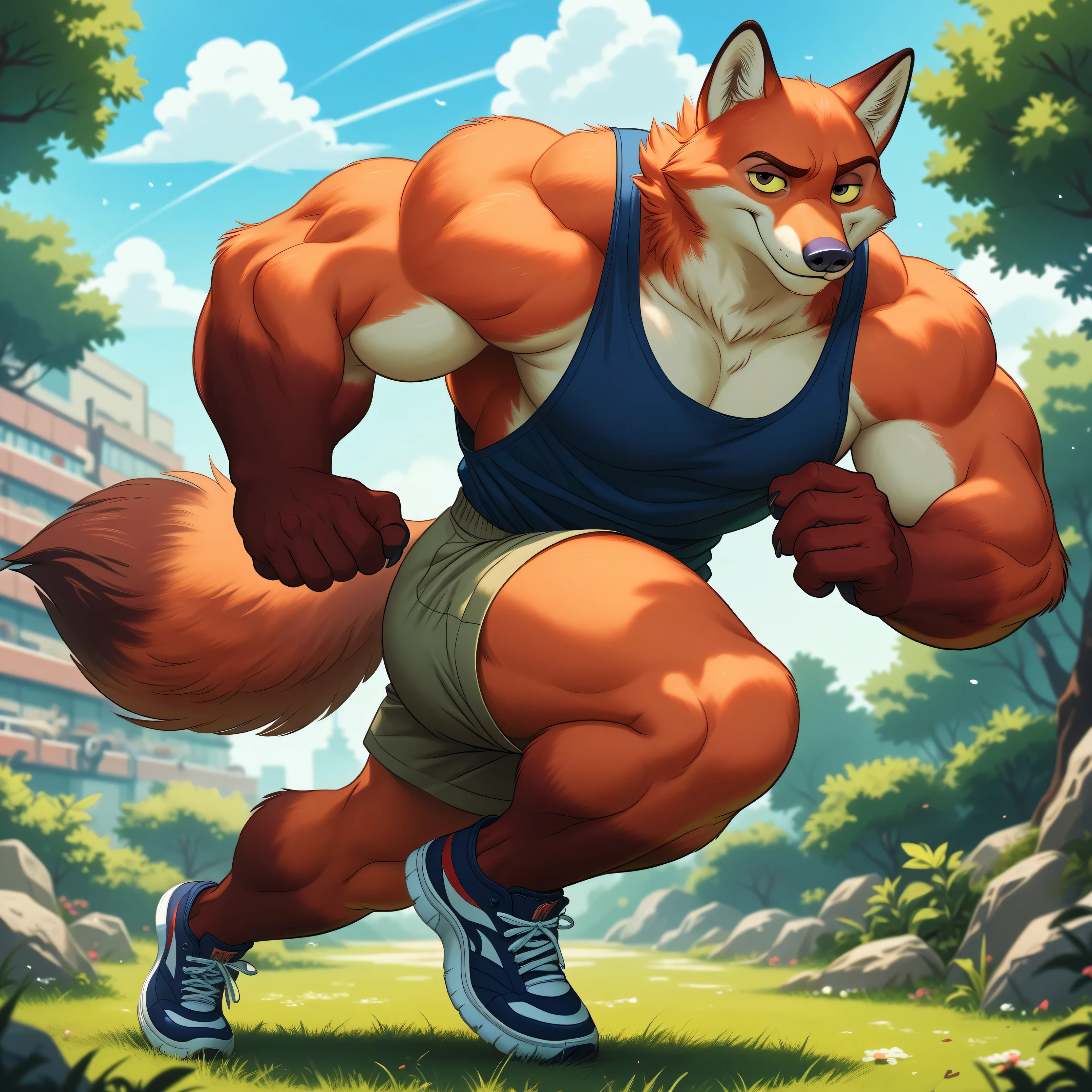 NickWilde fox brown eyes, yellow sclera, solo, detailed, detailed face, black eyes, anthro body, male, adult, muscular, cartoon shading, cel shaded:1.0, flat colors, (no background, white background):1.5, shirtless, wfa style, negger style, cartoony anatomy, above waist, looking at viewer, posing, smile