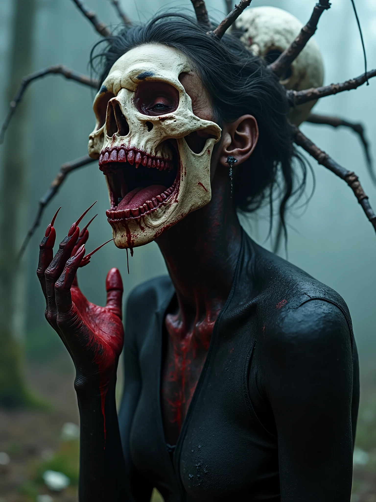Beautiful paint ,dark makeup,dark tears woman, black metal style dark art dark photography, half skull rotting beautiful female goddess necrosis, sharp long nails,blood as pint , metal and bones,blades,beautiful serene melancholic scream of pain,fog with teeth background lovecraftian biomechanical horror,throwing up her own skull, spider skull crawling on her shoulders