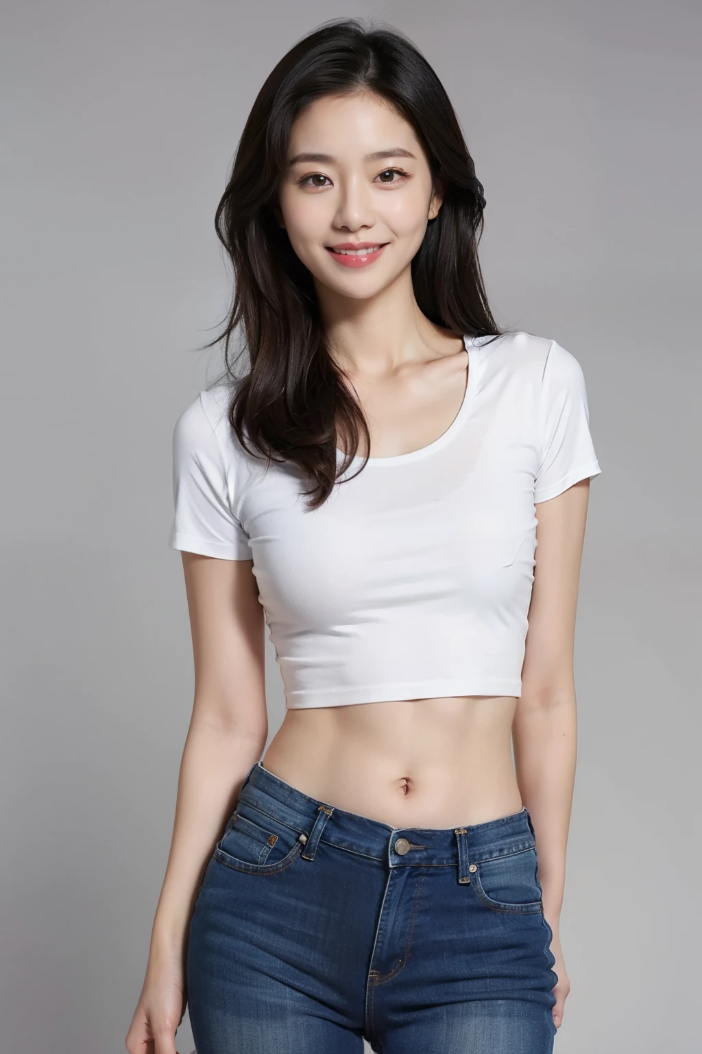 (realistic:1.2), solo, Asian woman, small white t-shirt, tight shirt, crop top, midriff, navel, jeans, smile, gray background