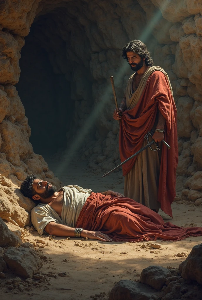 "Create a digital artwork inspired by the scene of Abraham about to sacrifice his son Isaac. In this image, Isaac, a young man with a muscular build, lies on a wooden altar covered with sticks, his body partially covered with a cloth. His expression is calm and resigned, as he rests with his eyes closed. Abraham, an elderly man with a long beard and wearing a robe, stands above Isaac with a knife in hand, his face showing deep sorrow and determination. The background features a dramatic sky with hues of purple and orange, reflecting a sunset. The scene should capture the emotional gravity of the moment, emphasizing the detailed textures of the figures' clothing, the wood, and the subtle play of light and shadow in a digital art style."