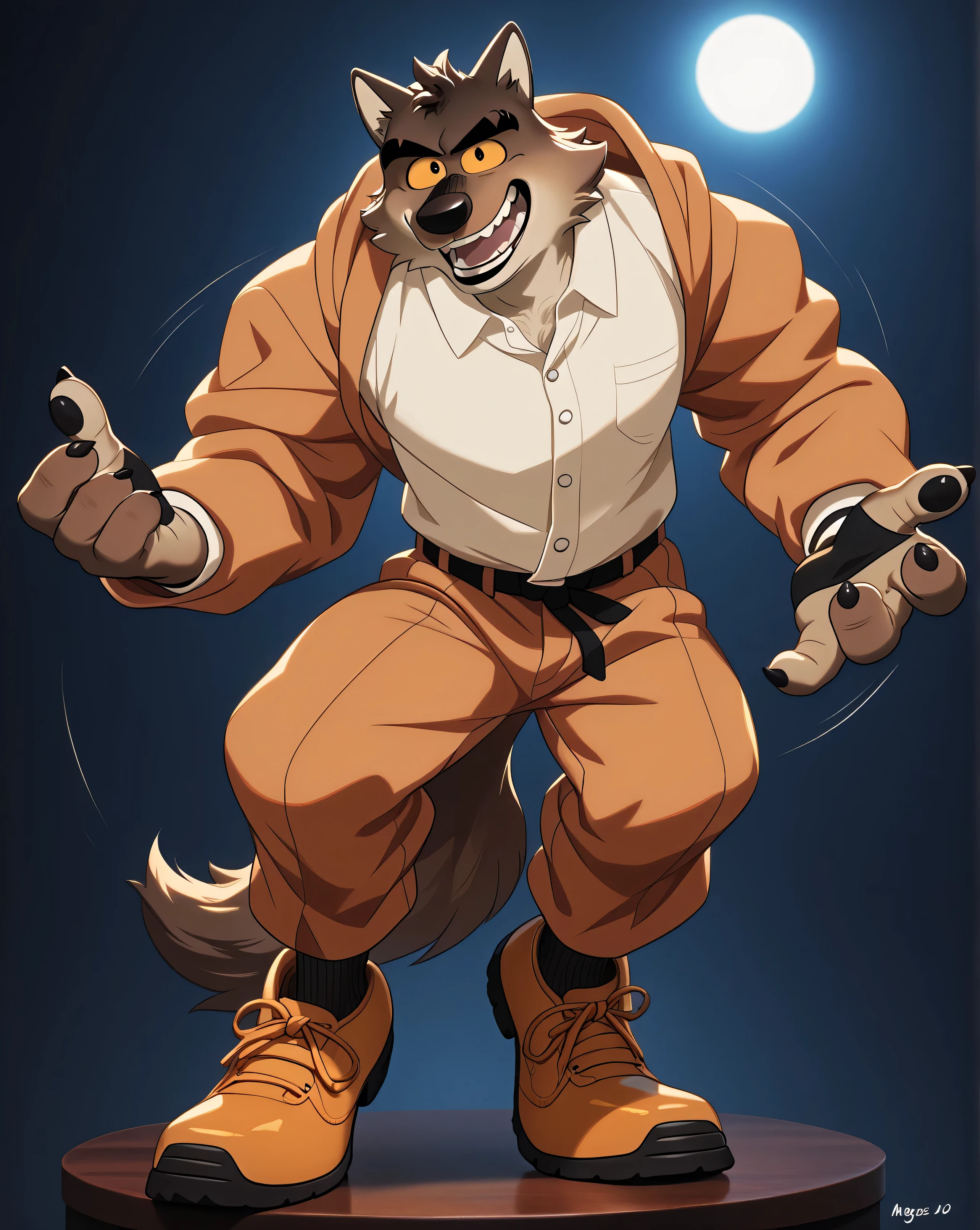 Mr Wolf (The Bad Guys) brown eyes, yellow sclera, solo, detailed, detailed face, black eyes, anthro body, male, adult, muscular, cartoon shading, cel shaded:1.0, flat colors, (no background, white background):1.5, shirtless, wfa style, negger style, cartoony anatomy, above waist, looking at viewer, posing, smile
