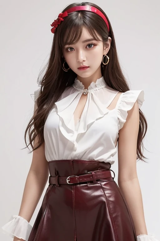 masterpiece、flat-colors、depth of fields、lens flare 1 girl、、Brown hair、watching at viewers black suspenders bulging big breasts Armpit sweat perspiring Side of both hands walls: Black pants, Black Suit Chain arma Gaze Small face Bangs Upper Eyes flank Colorcon Cutter shirt holster chain a belt bangss