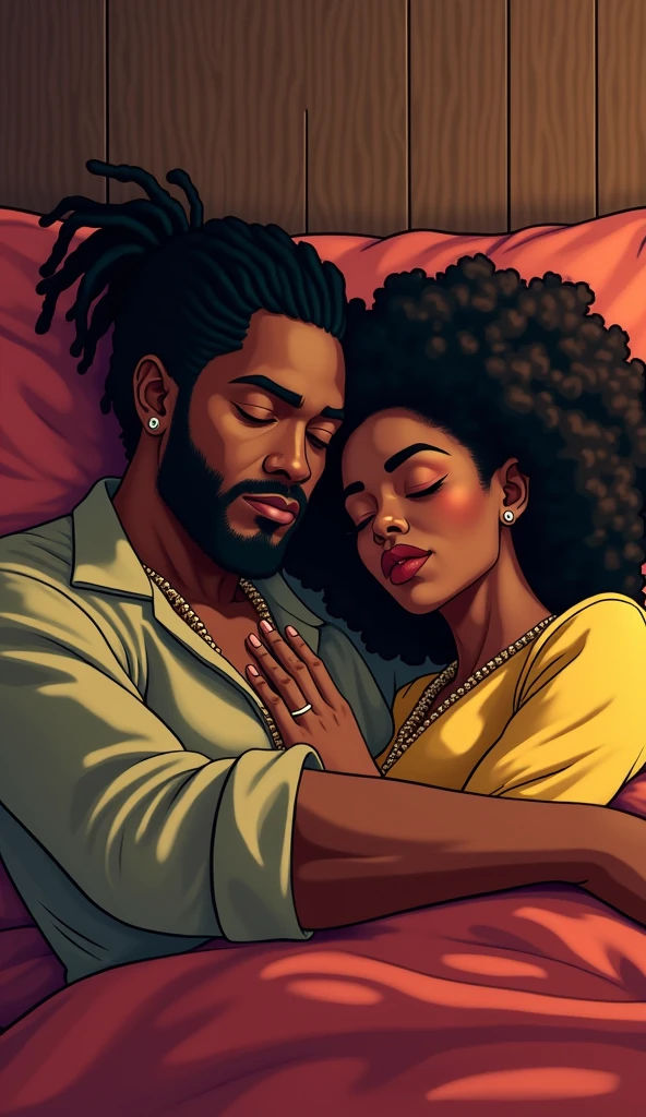 1 handsome black man watching over one pretty black woman who’s asleep in his lap, ((( lying sprawled on a large, long couch))) relaxed, romantic, comfy clothing, night time, heads close together, eyes closed, cute, beautiful couple, cuddling, peaceful, view from above, perfect bodies 
masterpiece, overhead lighting, highy detailed, clarity, multilevel detailing, blurry background,
