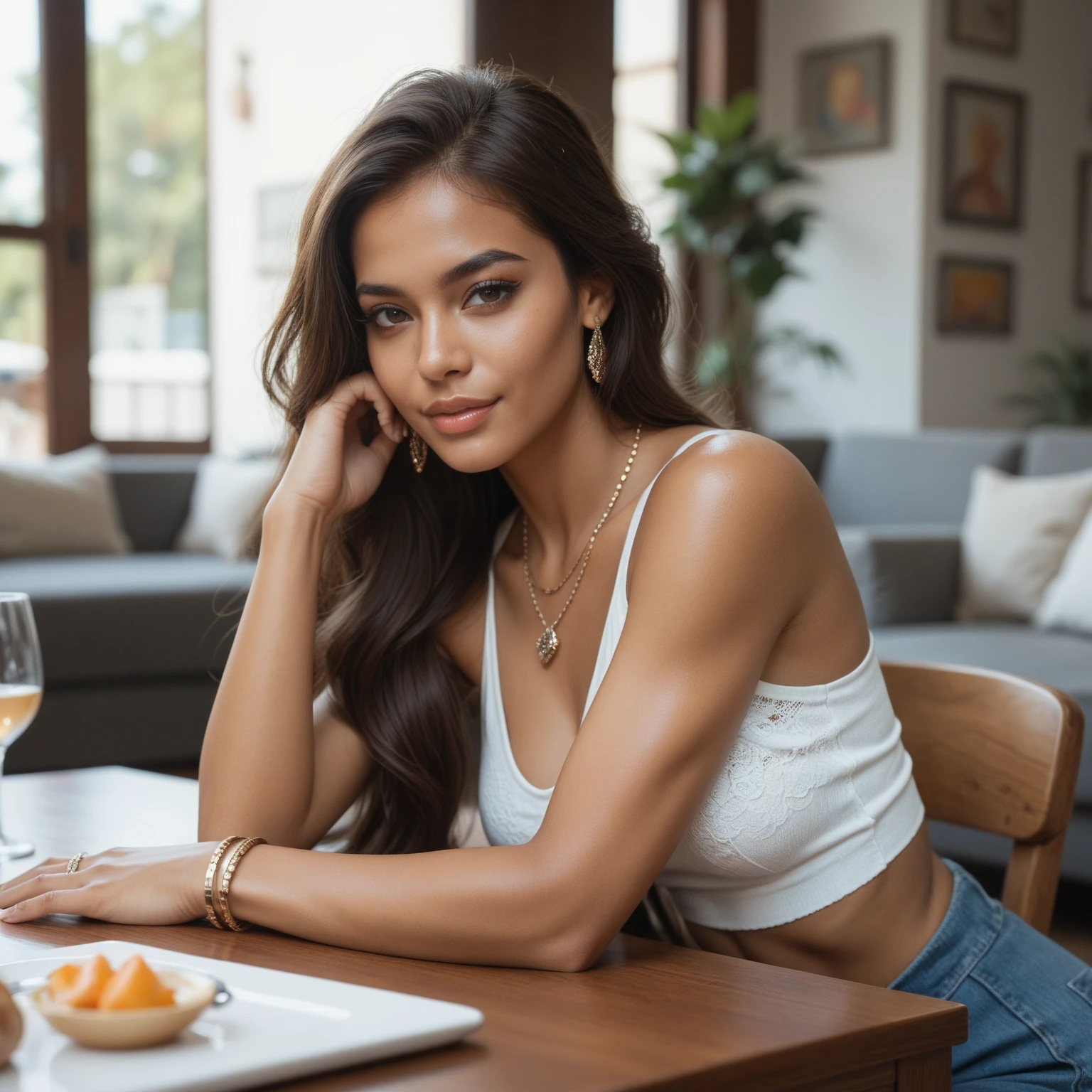 The image shows a beautiful 40-year-old woman with tanned white skin and brown hair, sitting at a table with a cup of coffee and a cell phone, sitting in a cafe, 45-year-old woman, drinking coffee, woman drinking coffee, drinking a coffee, sitting at a table, breakfast in Olímpia São Paulo, sitting alone in a cafe, in a coffee shop, sitting at a mocha-colored table, 35-year-old Brazilian mother. She is wearing a red tank top.
She is about 40 years old, 165 cm tall and weighs 56 kg. Woman with tanned white skin and dark brown hair. Slim body, thin waist. Highly realistic skin, very elaborate and perfect face. She has a perfect mouth, a perfect face. Slim body, thin waist. Highly realistic, hyperrealism, highly elaborate skin, perfect face. Sharp photo, high resolution, high quality, masterpiece, 16K photo, high contrast, ((Masterpiece, best quality)), full body view, detailed skin, highly detailed, cinematic lighting, ultra realistic, dark brown hair, medium hair, portrait, full body view, contrast, close-up, cinematic light, ultra high resolution, RAW.
Highly realistic, hyperrealism, highly crafted skin, sharp photo, high resolution, high quality, masterpiece, 16K photo, high contrast, masterpiece, nude, naked, NSFW.