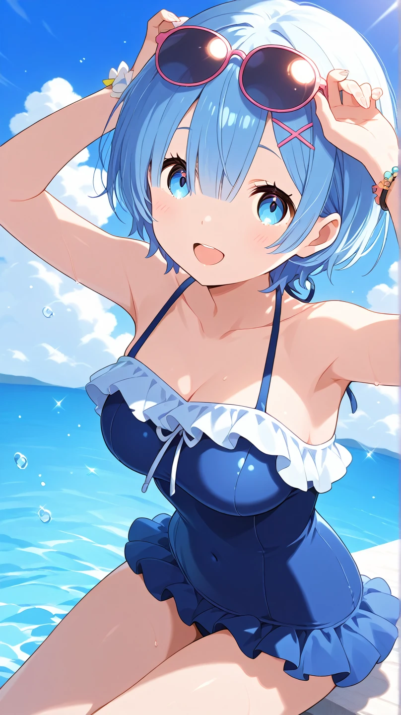 (Best Quality, masutepiece :1.3), short petite pretty woman,Light blue hair、kawaii pose、A smile、Bikini Hide One Eye、Detailed eyes, Pose Seductive, Smooth skin, (huge-breasted), Round breasts、short-hair、kawaii、