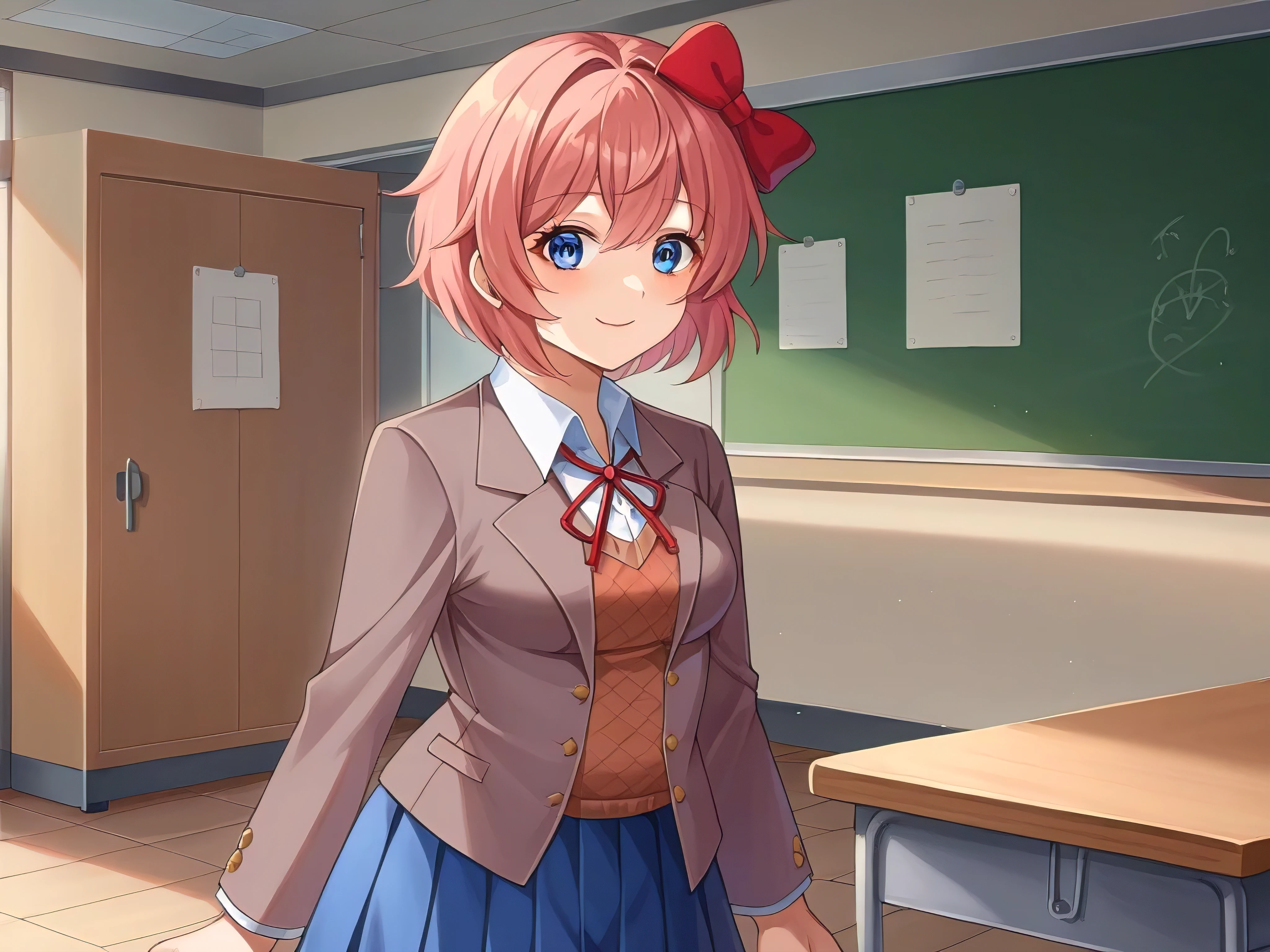 score_9, score_6_up, source_anime, 1girl, solo, cenário meta futurista, cabelo chanel até o ombro, luzes e sombras detalhado, cowboy shot, *, blazer, collared shirt, blue skirt, light smile, classroom sayori, blue eyes, short hair, red bow, yandere version, com raiva, chubby mid size, fofa mas perigosa.
