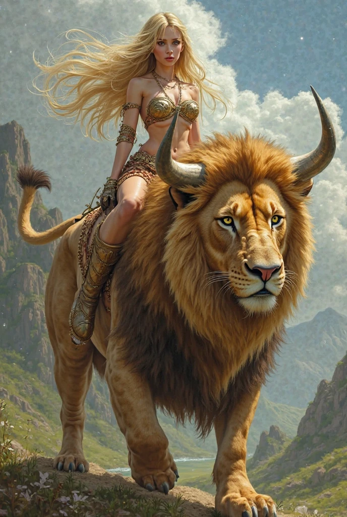 Zara, a powerful female warrior, rides atop an exotic beast in a fantasy setting. She has long straight white hair, green eyes, and a muscular body. She wears a black top with copper trim, a black pelvic curtain that occasionally catches the breeze, black shoulder pads with copper trim, fur-trimmed boots, and copper bracers with gemstones embedded in her armor. Her (arms, legs and midriff are bare), (bare midriff:1.2), and she sits confidently on the back of a massive, mythical creature—part lion, part dragon, with scales shimmering in iridescent hues and a pair of mighty wings folded at its sides. The creature has a long, sinuous tail, and sharp, intelligent eyes that reflect Zara’s own strength and determination. The landscape around them is mystical and exotic, with a multicolored sky and towering, otherworldly flora. Zara and the beast are ready for whatever challenges lie ahead, creating a scene of dynamic movement and powerful energy. The image is highly detailed, with ultra-realistic textures, exaggerated poses, and vibrant colors, inspired by the classic fantasy painting style of the 20th century.