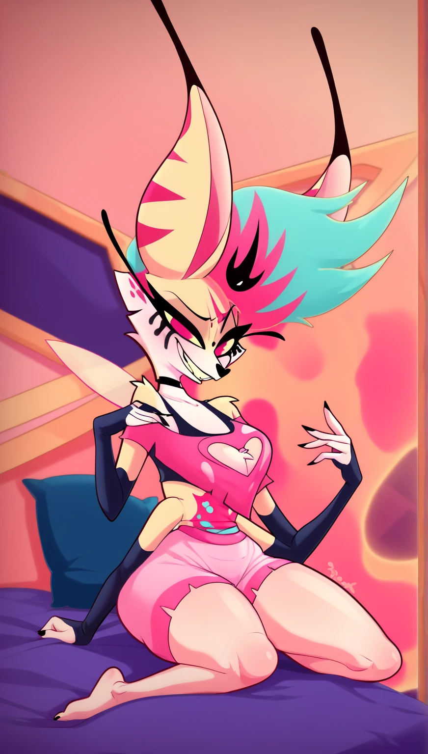 1 personagem : Angel Dust da série hazbin hotel, dentro de um quarto, sentada em uma cama, with a woman appearance with big breasts of furry appearance with pink fur, 4 branches, com um deles mostrando o dedo do meio, of humanoid species style a spider demon, quadril largo e coxas grossas e torneadas, corpo perfeito fitness, sorrindo lascivamente, nsfw, coberto por uma mini roupa listrada de rosa e branco, com uma mini saia de balada, sorrindo sinistramente, with a tentacle-shaped tongue, sorriso maligno e olhos brilhantes, she is smiling, com olhos rosa choque brilhantes, presas pontudas com um dente de ouro no meio, extremamente sedutora, corpo volumoso e detalhado, quadril gordo e seios extremamente fartos, pintinhas e bolinhas de sarda rosa pelo corpo, bumbum cheio de pintinhas, sexy black knee-length pantyhose, bota longa roxa quase preto longa e alta, detalhado, 8k full hd, high quality, realista, sensual.