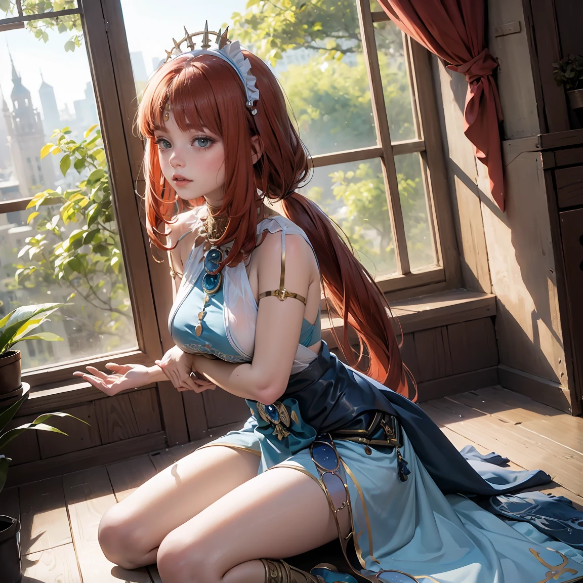 masterpiece, Highest quality, Highly detailed CG Unity 8k wallpaper, (Closeup shot of the upper body head of a beautiful girl), ,, (Mckenna Grace), (Flat Chest,Thighs), (Red Cyan) Golden (Sparkly tutu,long rabbit ears headgear, , bow tie, No pants, Genitals are visible), (Spread your legs), (blush), Oilskin, (Captivating smile), (Wonderland), Pretty face, Key Art, Awards, intricate detail realism hdr, by (Luan Jia, Altgerm and Range Murata), Photorealism, Hyperrealism, Ultra-realistic, Dramatic Light, Strong Shadows, Nice views, Depth of written boundary