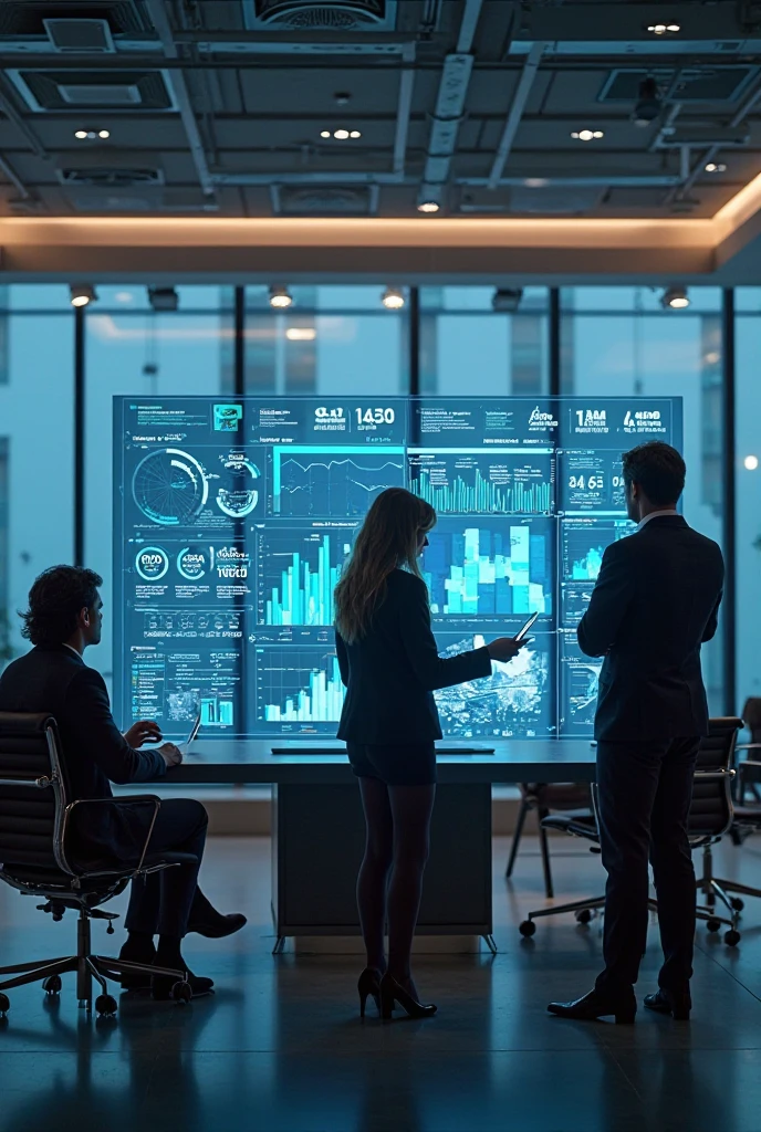 A modern office, where an AI analytics platform displays business ...