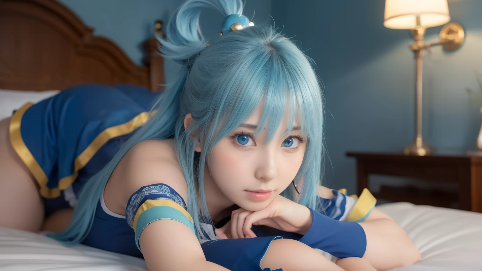 top quality , 8k, super detailed , Photographically Faithful, Best lighting, beautiful face, Best lighting, beautiful face, Konosuba aqua, Light Blue, Beautiful Goddess, ( 1 girl:1.4), Black and blue outfit, White sleeves, charming atmosphere, big boobs
,arms behind, lying on bed,