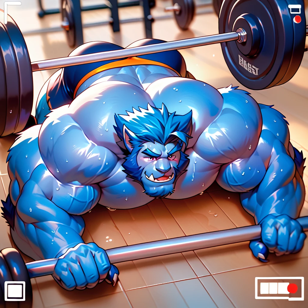 score_9, score_8_up, score_7_up, XBeast, solo, bara, blue fur, blue hair, sweaty, musky, huge muscles, massive, weight training, lifting very heavy plates on barbell, training in Xmansion gym, camera looking from bottom up.