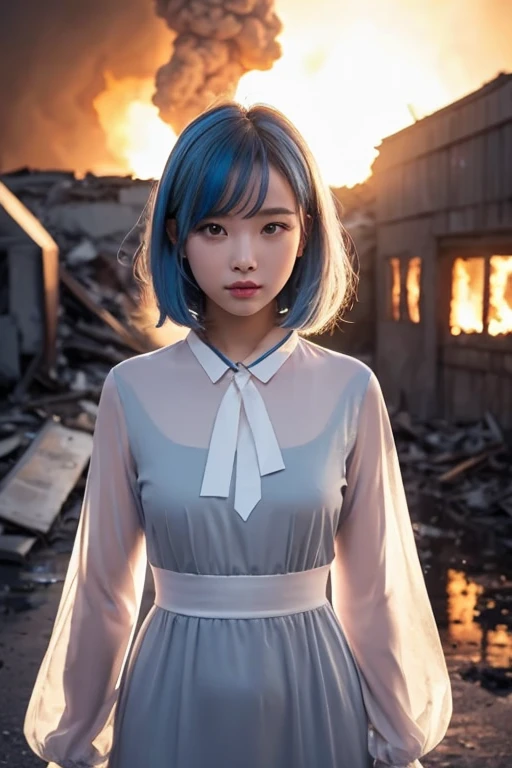 masterpiece, Exquisite, figure, {Beautiful and meticulous girl}, A beautiful and elaborate halo, (Fires of War: 1.2), (Nuclear explosion behind: 1.3), rain, Detailed lighting, Detailed water, (Beautiful and detailed: 1.1), Expressionless, palace, Sky blue hair, Scattered hair, Long Bangs, Eyebrow, (Grey and white dress: 1.1), Black Ribbon, White bow tie, upper abdomen, Large forehead, dull, flower, Long sleeve