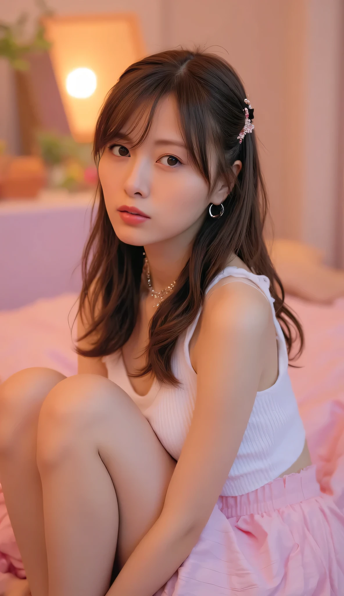 1 girl, Sexy 18 Year Old Girl, nakedの女の子, braids, beautiful face, nice, beautiful, beautiful, beautiful face, pale skin, parts, dark hair, blue eyes, Perfect, glowing lips , big lips, Thick lips, half-open lips , Light pink lip gloss , mask, skinny thighs, petite body, , skinny, flat chest, skinny, big boobs, body(body heigth:), big head, innocent looks in the summer heat , young face, long pink nails, choker, Legs and High Heels HD , Large Hoop Earrings Pink Micro Pleated Skirt , off shoulder white tank top , white tight gather stockings , black enamel high heels, semen, Candle-lit 、I sit in the bedroom where soft warm light shines in. the color of the room is pink and white , Perfect Eyes , very detail eyes, beautiful and expressive , detail eyes , 35mm Photography, movie, Bokeh, professional, 4K, highly detailed dynamic lighting, Photorealistic, 8k, born, Rico, complex details , naked, topless
